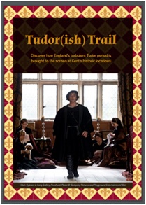 Tudor (ish) trail front cover- image of a tutor man walking towards the cameras, with 4 women sitting in the floor behind him