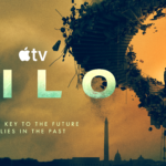 Promotional artwork for Apple TV+ series Silo. Large text reads “SILO” with the Apple TV logo above and the tagline “The key to the future lies in the past” below. On the right, a person stands on a staircase made of broken concrete and debris forming a vertical silo structure, with fragments floating away. In the background, a hazy skyline includes the Washington Monument and the U.S. Capitol.