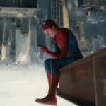 Superhero sitting on a steel beam above an upside-down city skyline while looking at a phone.